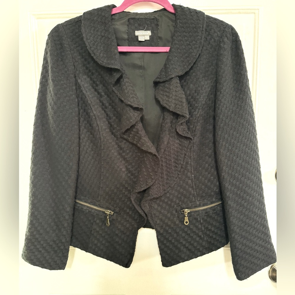 Anthracite Black Cropped Ruffle Collar Blazer Coat